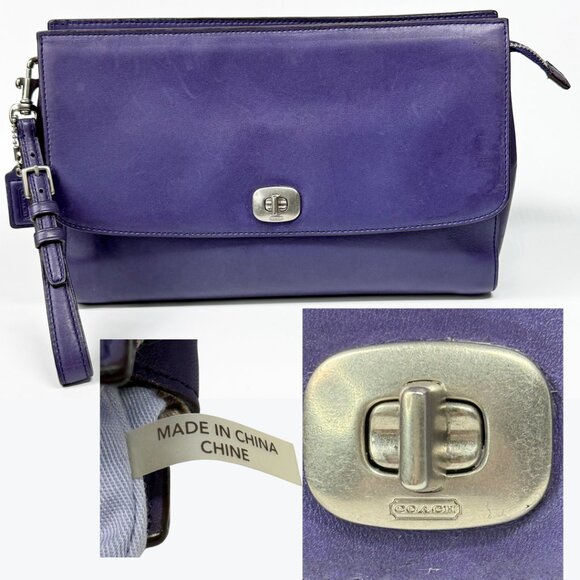 Coach Vintage Smooth Purple Leather Large Wristlet Clutch Turn Lock Front Pocket - Picture 2 of 13
